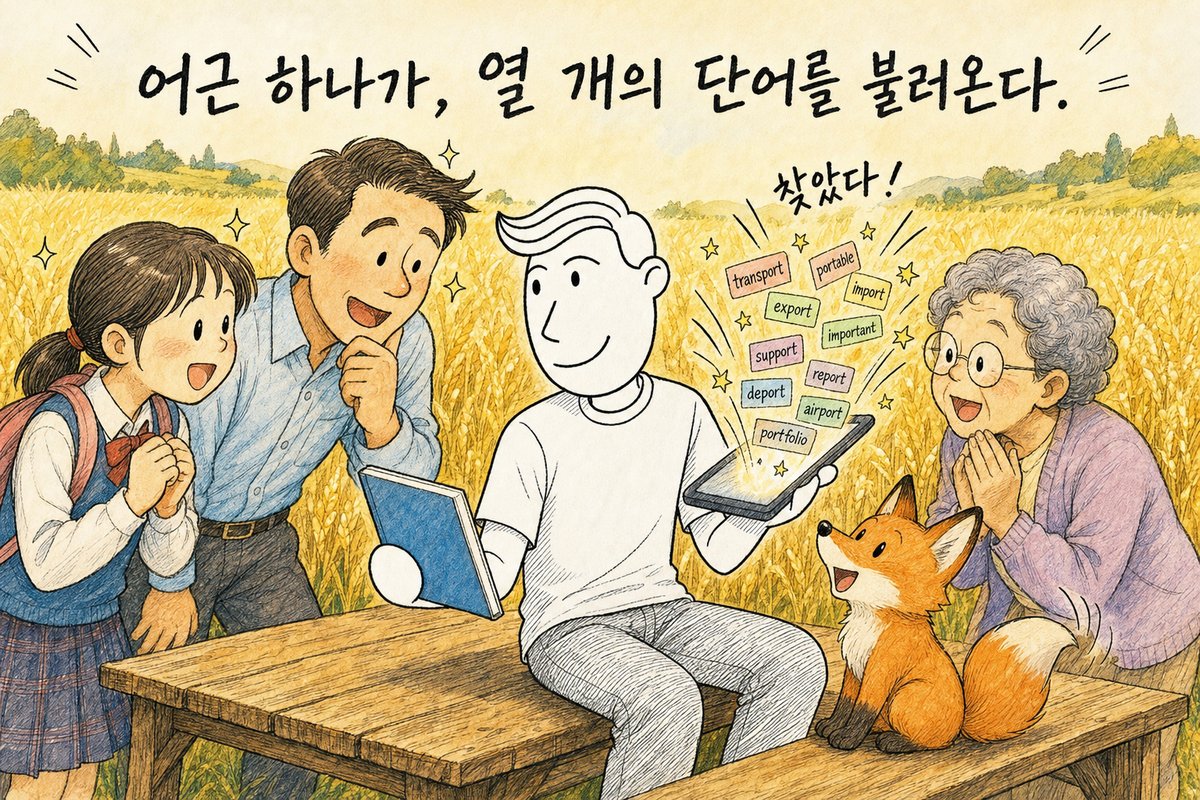 금빛 밀밭 앞 나무 탁자에 앉은 주인공이 책과 태블릿을 보여 주고, 화면에서 transport·export·import 같은 단어 카드가 튀어나오며 학생·직장인·할머니가 함께 들여다보는 그림 (AI로 만든 그림)