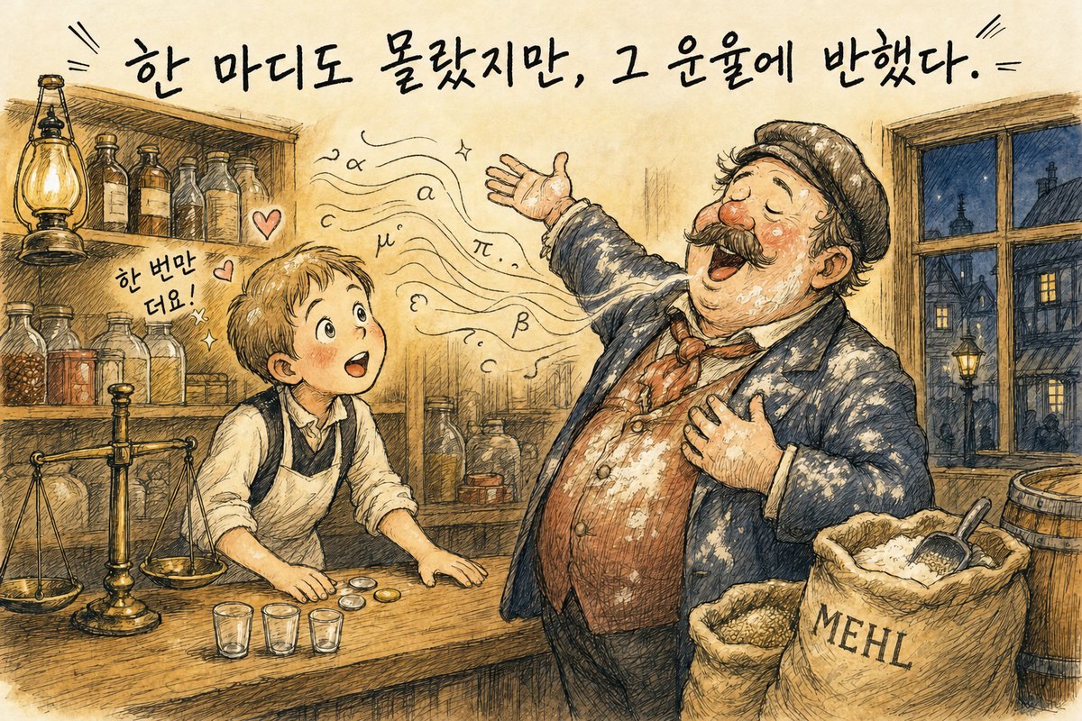식료품 가게 계산대 뒤에서 눈을 반짝이는 소년 점원 슐리만과, 밀가루를 뒤집어쓴 채 눈을 감고 호메로스를 읊는 방앗간 일꾼. 계산대 위에 술잔 석 잔과 동전이 놓여 있고 '한 마디도 몰랐지만, 그 운율에 반했다.'라고 적힌 그림 (AI로 만든 그림)