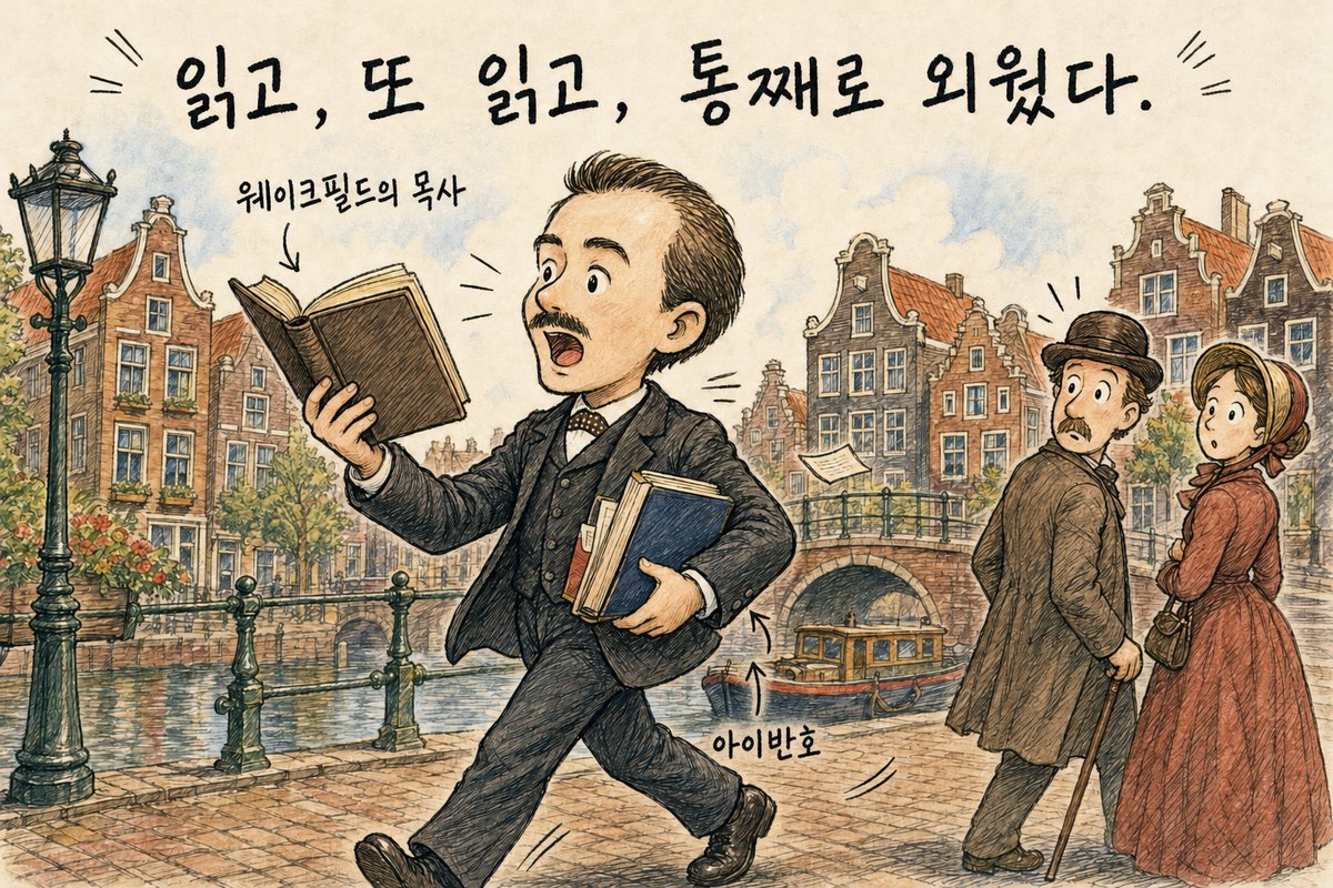 암스테르담 운하 옆 길을 걸으며 『웨이크필드의 목사』를 펴 들고 큰 소리로 읽는 젊은 슐리만. 팔에는 『아이반호』를 끼고 있고, 지나가던 신사와 숙녀가 놀라 쳐다보며 '읽고, 또 읽고, 통째로 외웠다.'라고 적힌 그림 (AI로 만든 그림)
