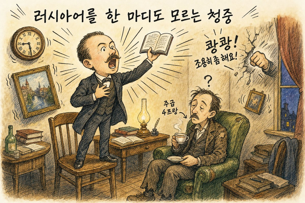 하숙방 의자 위에 올라서서 책을 들고 러시아어를 큰 소리로 암송하는 슐리만과, 찻잔을 든 채 안락의자에서 졸고 있는 청중(주급 4프랑). 벽 너머에서 이웃이 '쾅쾅! 조용히 좀 해요!' 하고 두드리며 '러시아어를 한 마디도 모르는 청중'이라고 적힌 그림 (AI로 만든 그림)