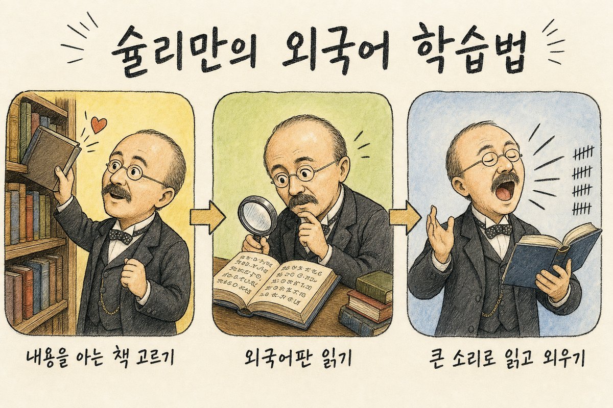 슐리만의 외국어 학습법 세 단계: 내용을 아는 책 고르기 → 외국어판 읽기 → 큰 소리로 읽고 외우기 (AI로 만든 그림)