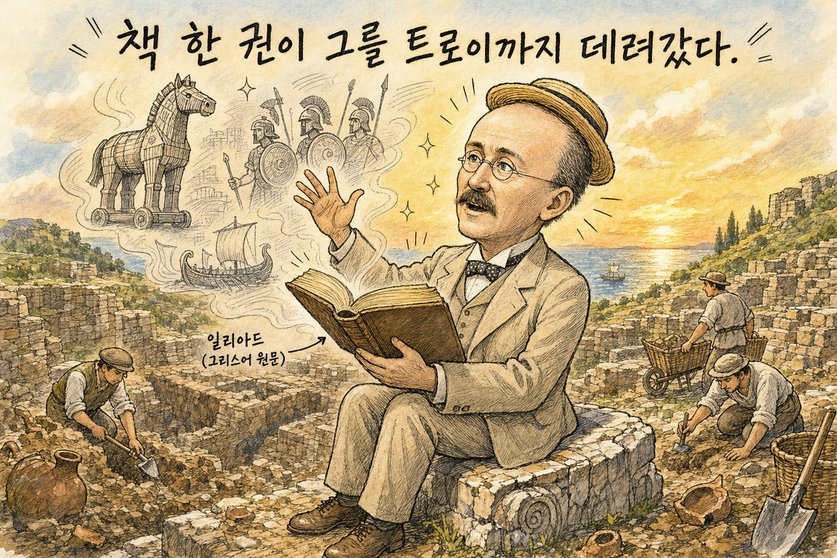 해 질 녘 트로이 발굴 현장의 돌 위에 앉아 『일리아드』 그리스어 원문을 소리 내어 읽는 슐리만. 책 위로 목마와 전사, 배가 꿈처럼 떠오르고 '책 한 권이 그를 트로이까지 데려갔다.'라고 적힌 그림 (AI로 만든 그림)