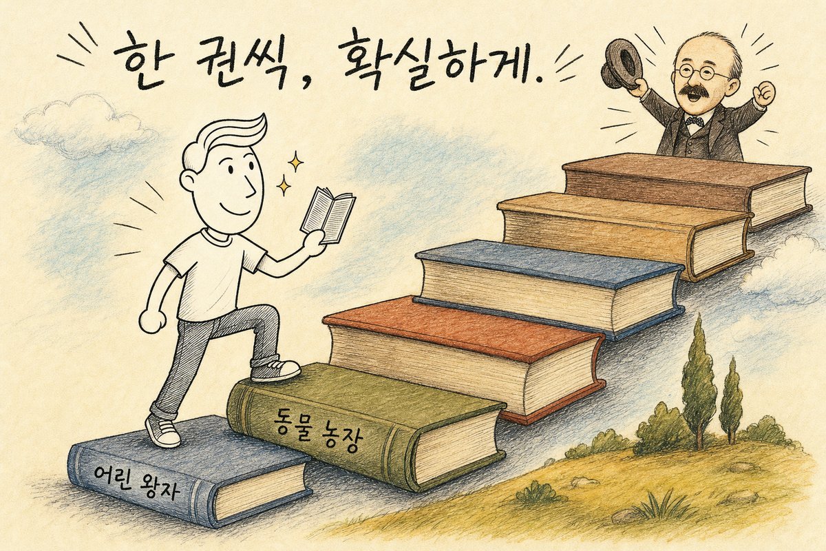 『어린 왕자』, 『동물 농장』 순서로 점점 두꺼워지는 책 계단을 한 칸씩 오르는 주인공과, 맨 위에서 모자를 흔들며 응원하는 슐리만. '한 권씩, 확실하게.'라고 적힌 그림 (AI로 만든 그림)